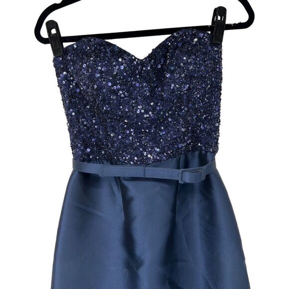 Theia Navy Blue Sequin Sweetheart Neckline Strapless High Low Formal Dress - Picture 3 of 15